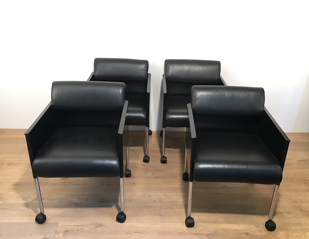 Rosenthal. Suite 4 Armchairs Leather And Metal Gloss Black. Around 1970-photo-2