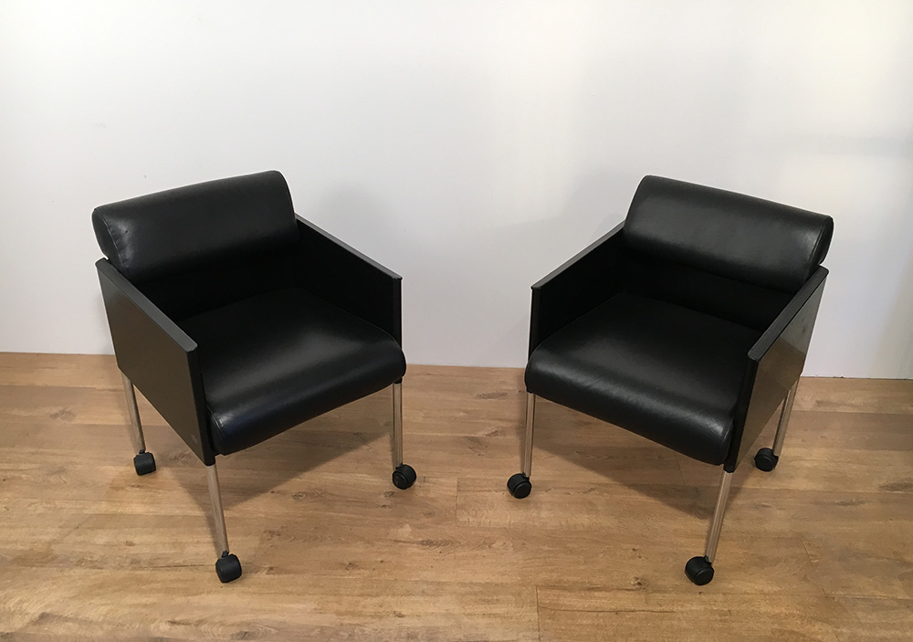 Rosenthal. Suite 4 Armchairs Leather And Metal Gloss Black. Around 1970-photo-1