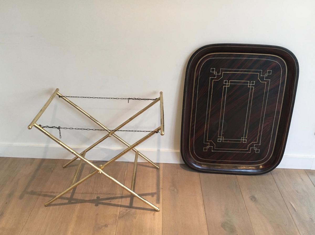 Beautiful Table Plateau Tole Painted And Brass. 1950-photo-3
