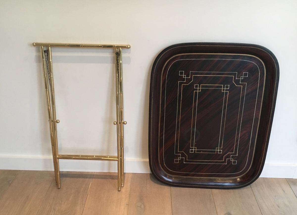 Beautiful Table Plateau Tole Painted And Brass. 1950-photo-4