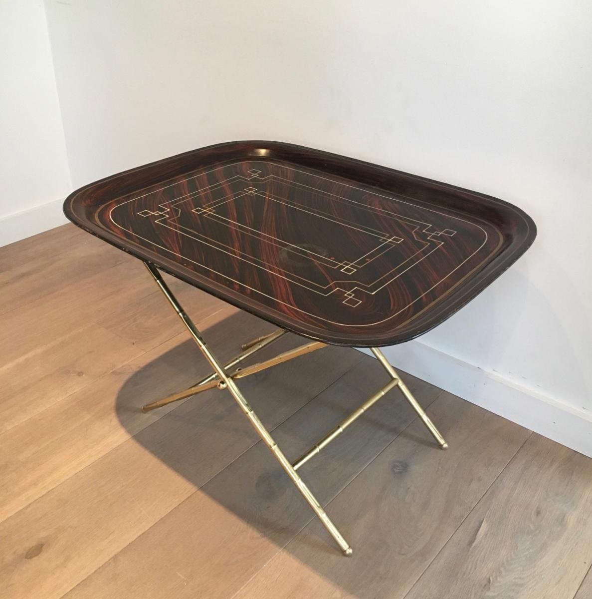 Beautiful Table Plateau Tole Painted And Brass. 1950-photo-1