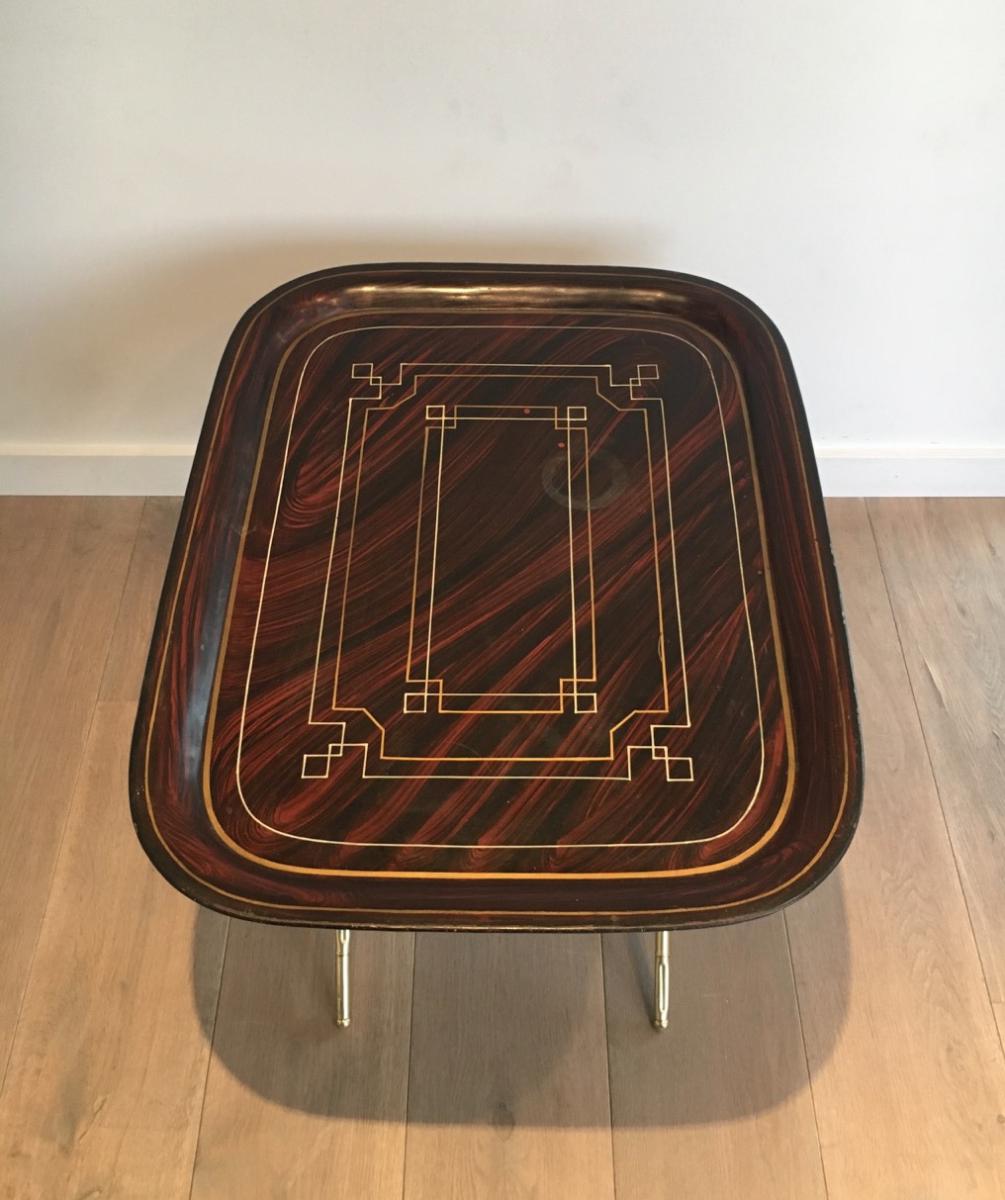 Beautiful Table Plateau Tole Painted And Brass. 1950-photo-3