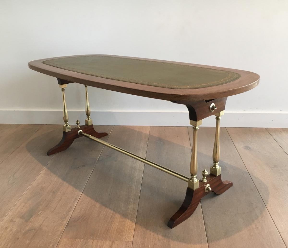 Table Basse Néoclassique En Bois, Laiton Et Cuir. Vers 1940 -photo-3