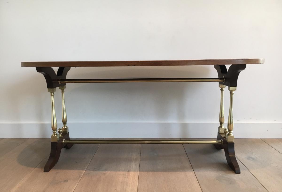 Table Basse Néoclassique En Bois, Laiton Et Cuir. Vers 1940 -photo-2