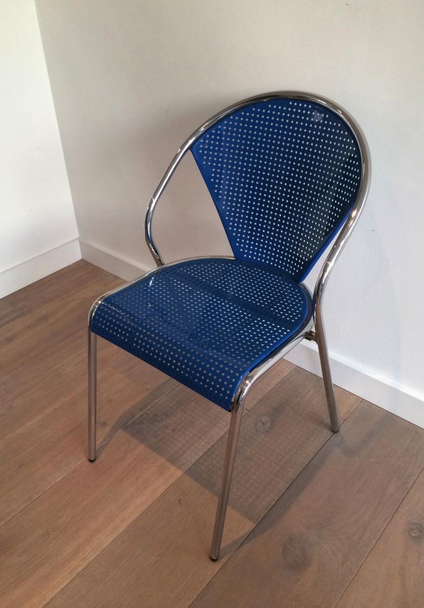 Suite Of 4 Perforated Chairs In Blue Lacquered Metal And Chrome. Circa 1970-photo-2