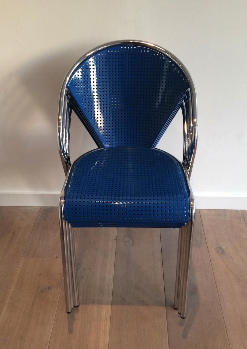 Suite Of 4 Perforated Chairs In Blue Lacquered Metal And Chrome. Circa 1970-photo-4