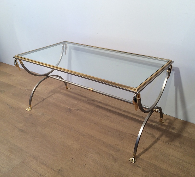 Brushed Metal Brass Table And Brass With Swan Collars And Legs. Vers1970-photo-3