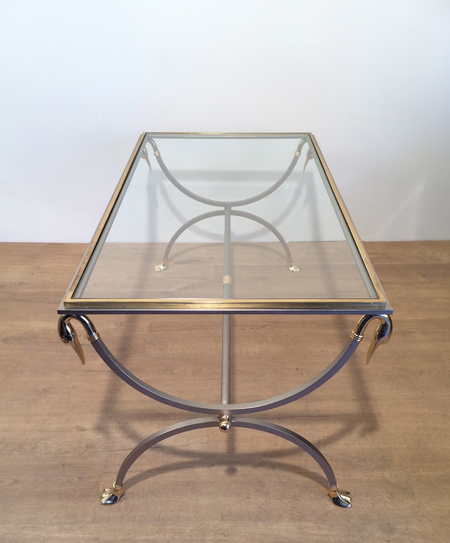 Brushed Metal Brass Table And Brass With Swan Collars And Legs. Vers1970-photo-4