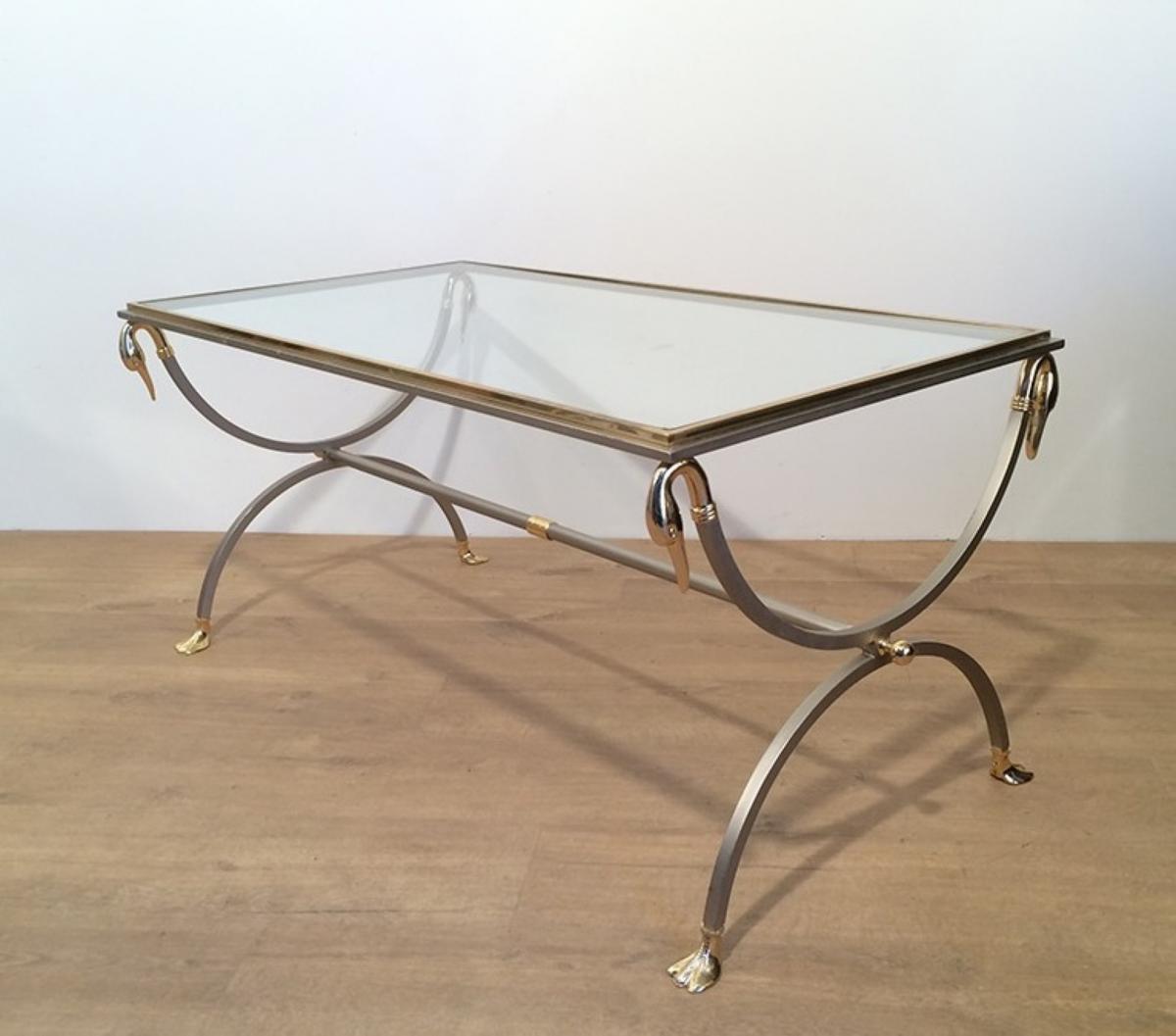 Brushed Metal Brass Table And Brass With Swan Collars And Legs. Vers1970-photo-4