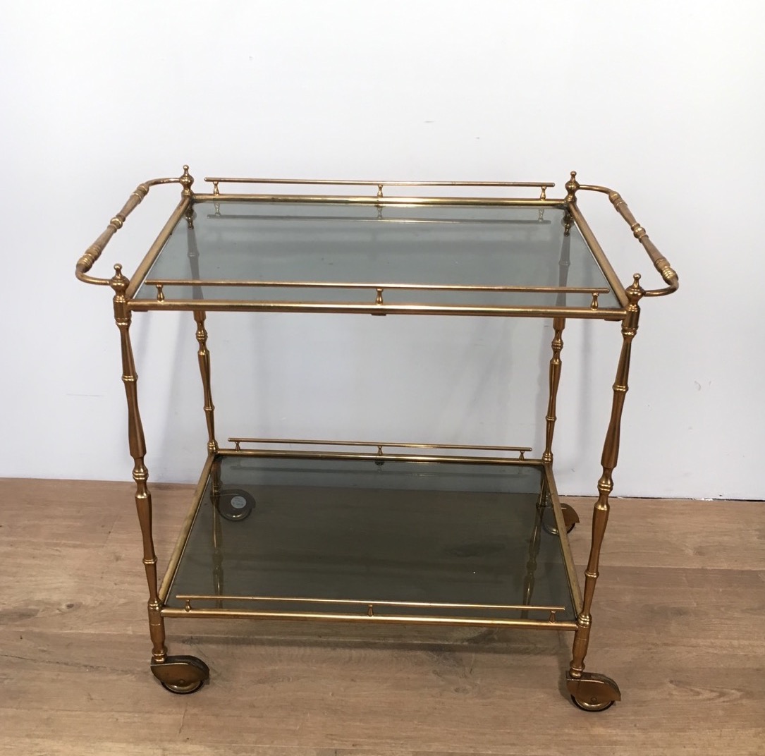 Small Rolling Table Brass Tinted Glass Trays.-photo-2