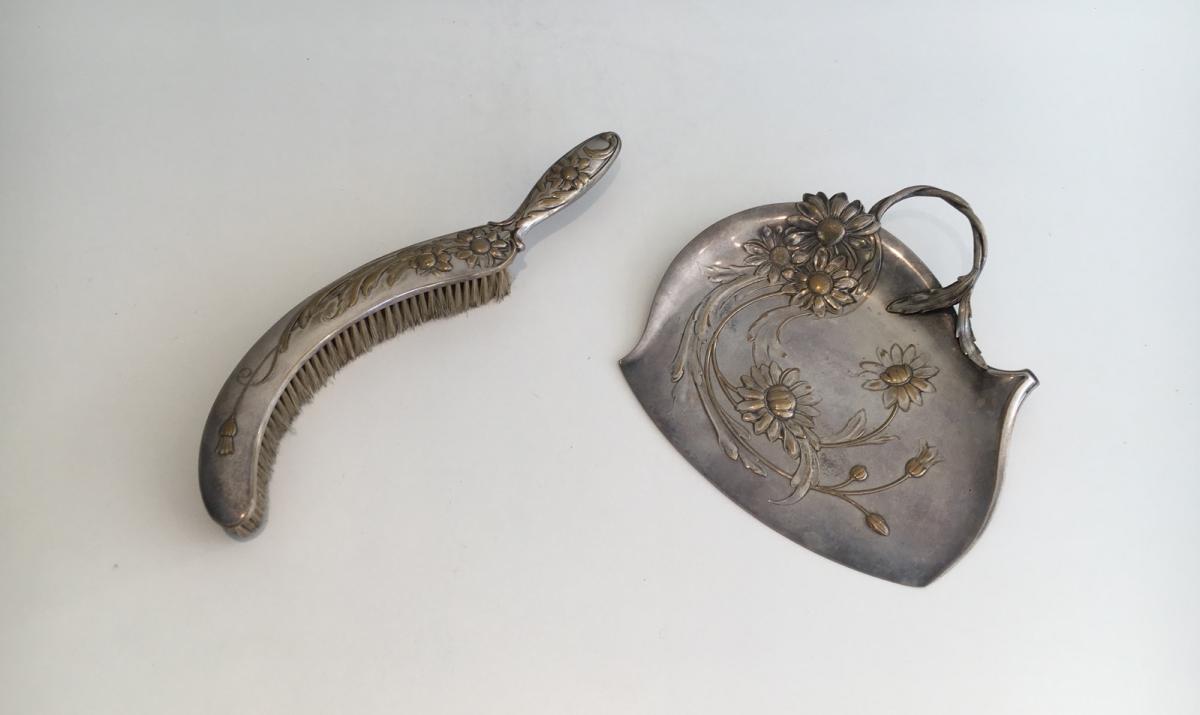 Art Nouveau Crumb Trays In Silver Metal And Brass. Around 1900-photo-3