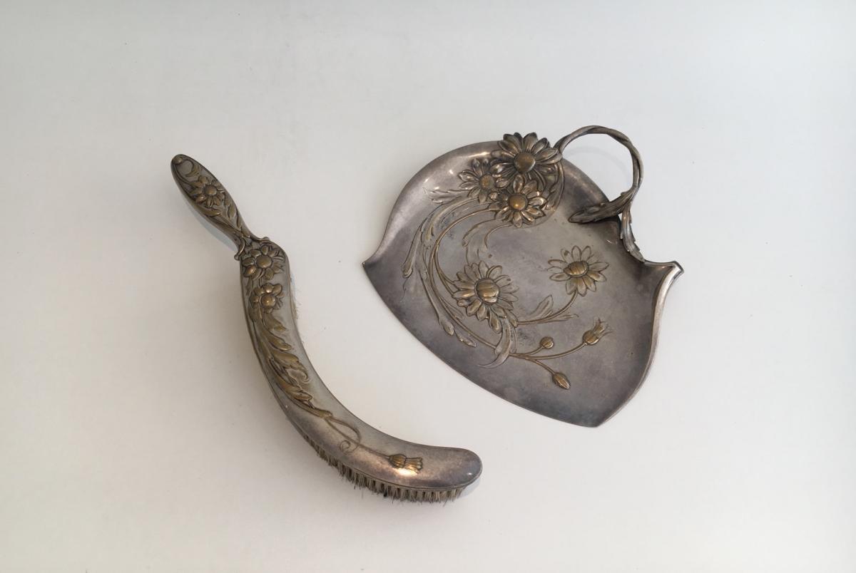 Art Nouveau Crumb Trays In Silver Metal And Brass. Around 1900-photo-3