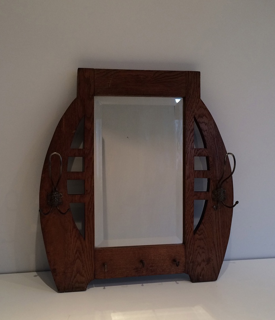 Interesting Art-nouveau Mirror In Oak And Brass. Around 1900-photo-2