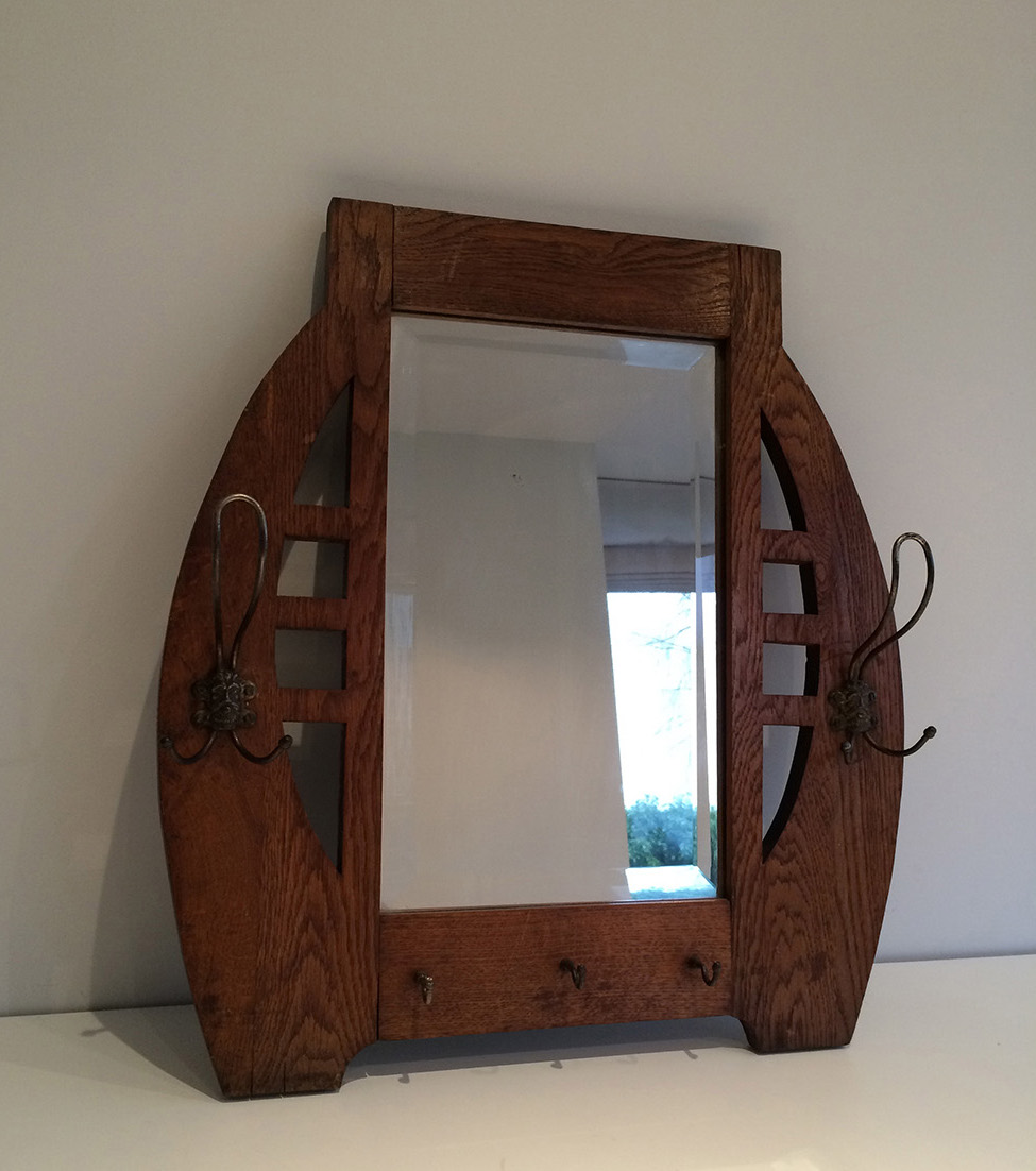 Interesting Art-nouveau Mirror In Oak And Brass. Around 1900-photo-4