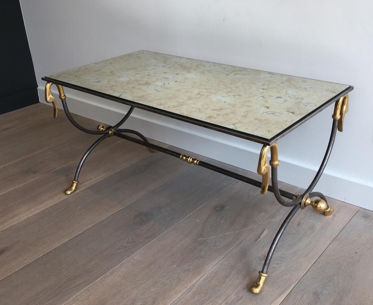 Coffee Table Brushed Steel And Brass. Jansen House. Around 1970