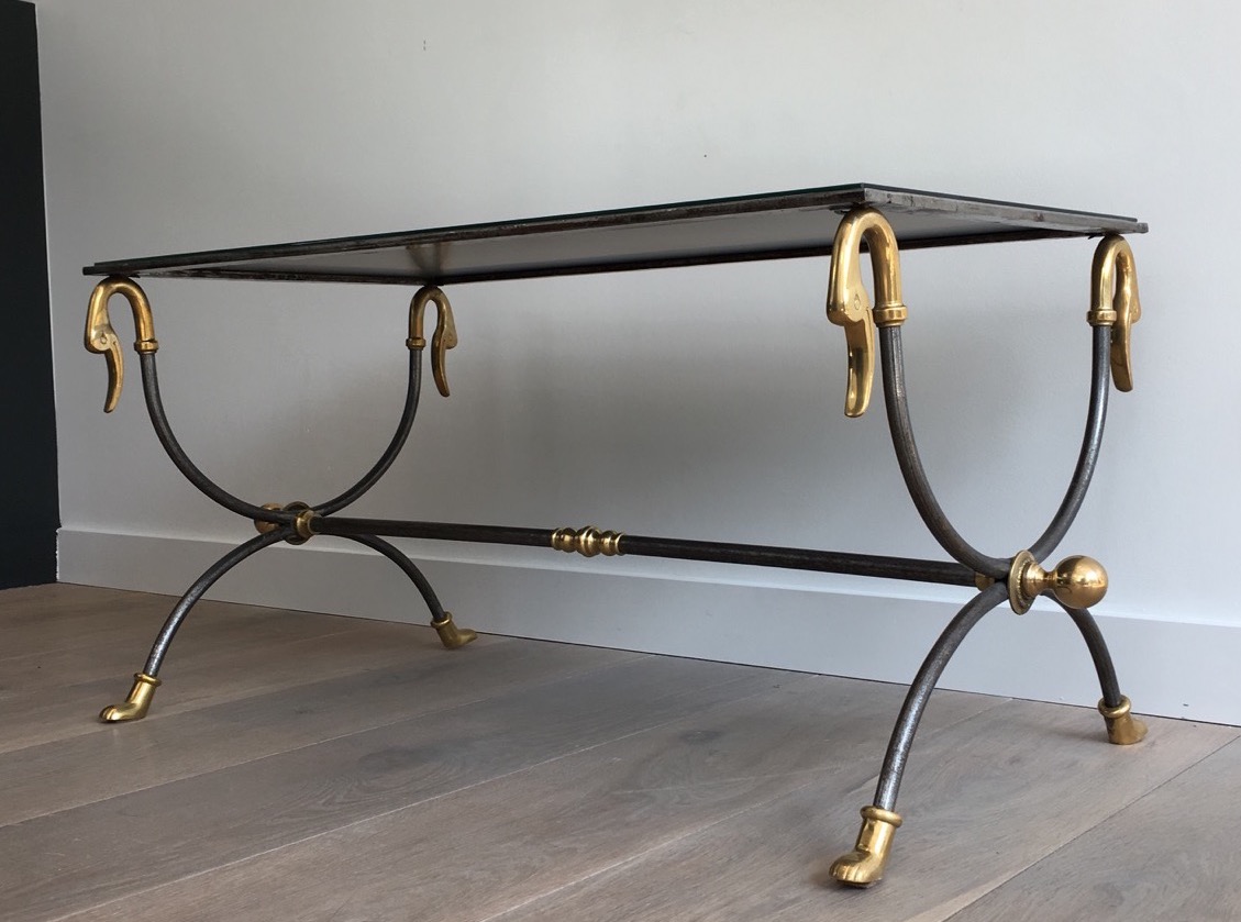 Coffee Table Brushed Steel And Brass. Jansen House. Around 1970-photo-1