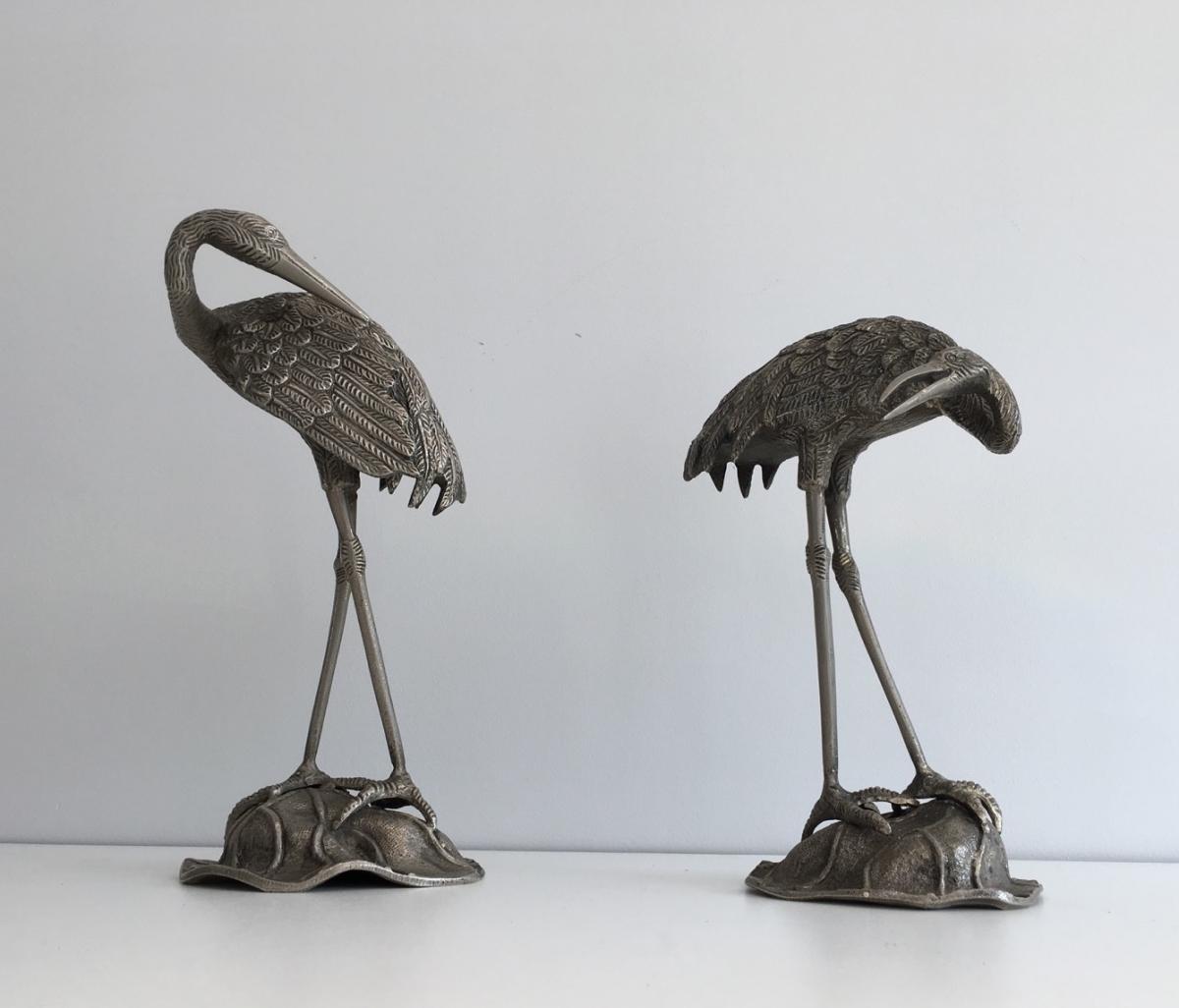 Pair Of Herons In Silver Metal. Attributed To La Maison Bagués. Around 1940-photo-4