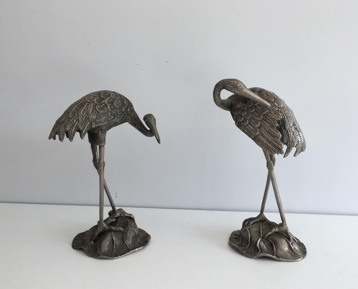 Pair Of Herons In Silver Metal. Attributed To La Maison Bagués. Around 1940-photo-6