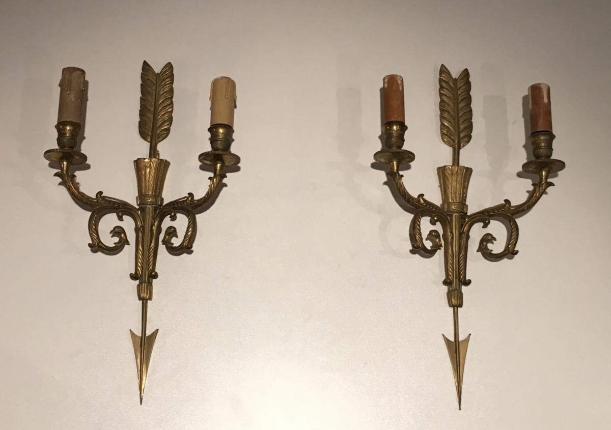 Pair Of Bronze Empire Style Wall Sconces With Arrows And Quivers.