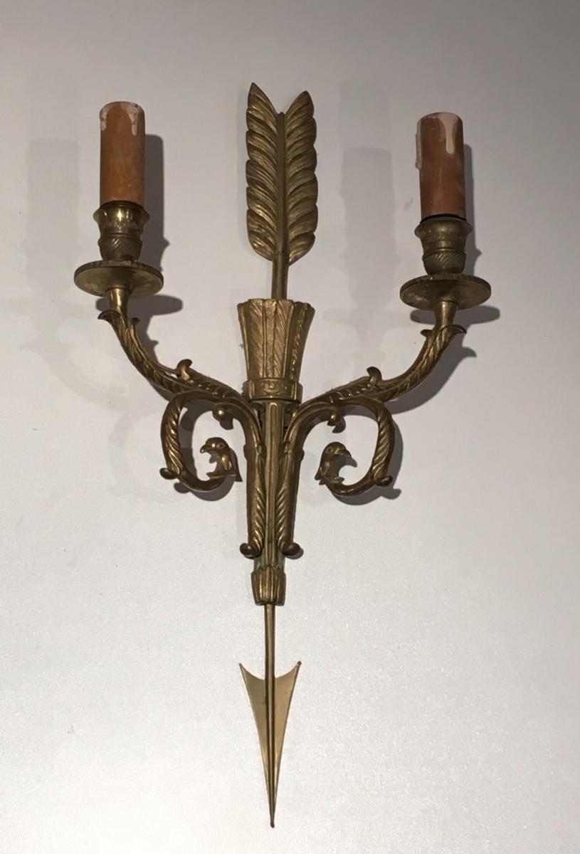 Pair Of Bronze Empire Style Wall Sconces With Arrows And Quivers.-photo-2