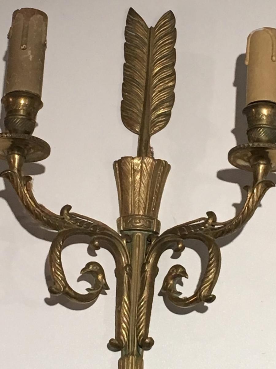 Pair Of Bronze Empire Style Wall Sconces With Arrows And Quivers.-photo-4