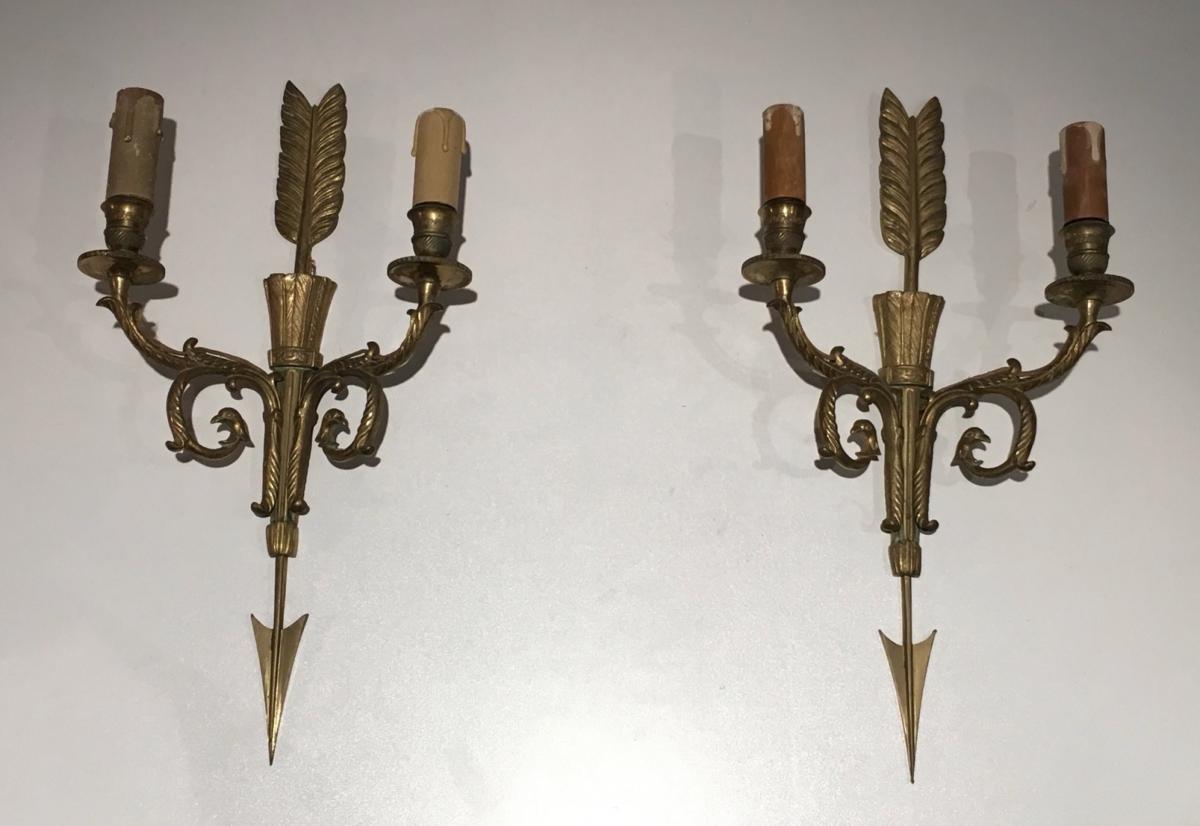 Pair Of Bronze Empire Style Wall Sconces With Arrows And Quivers.-photo-3