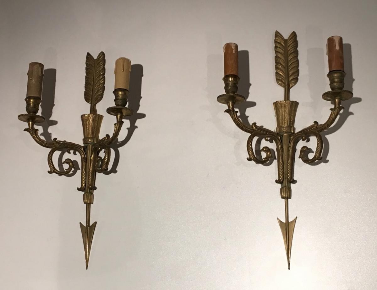 Pair Of Bronze Empire Style Wall Sconces With Arrows And Quivers.-photo-4