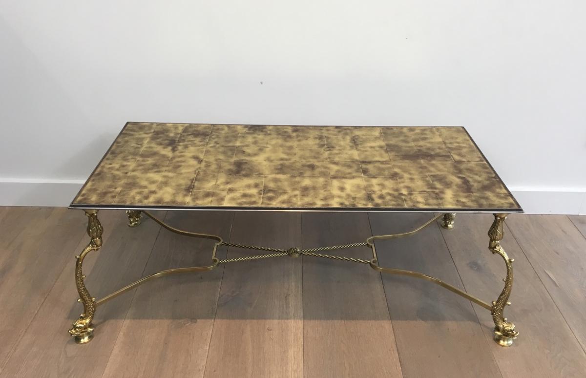 Rare Brass Coffee Table Decorated With Dolphins And Tray Made Of Golden Tiles On Verr