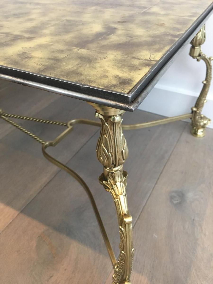 Rare Brass Coffee Table Decorated With Dolphins And Tray Made Of Golden Tiles On Verr-photo-3