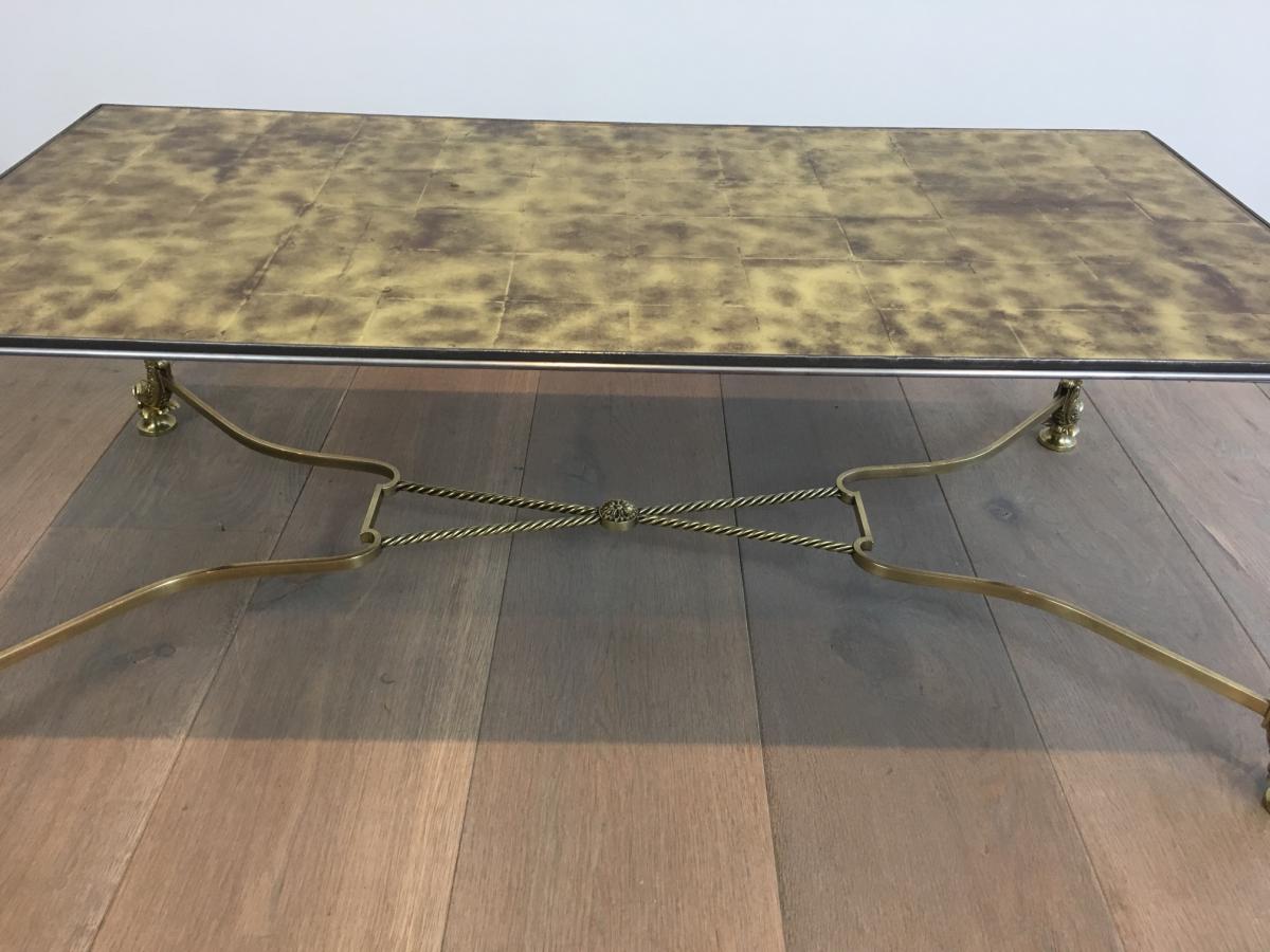 Rare Brass Coffee Table Decorated With Dolphins And Tray Made Of Golden Tiles On Verr-photo-5