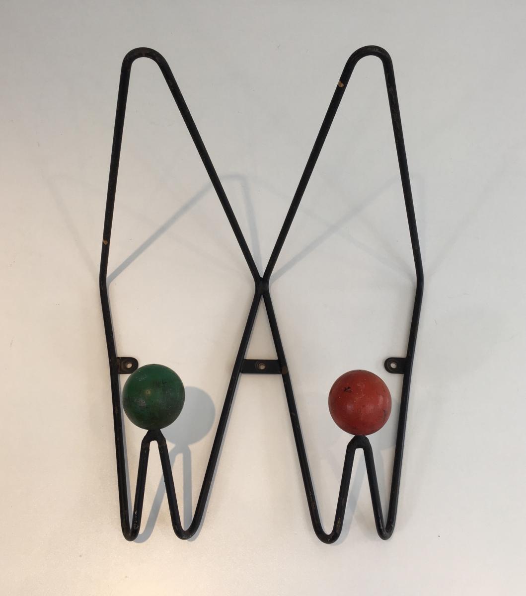 Paire De Porte-manteaux Design En Métal Laqué Noir Et Boules De Couleurs En Bois. Vers 1950 -photo-3