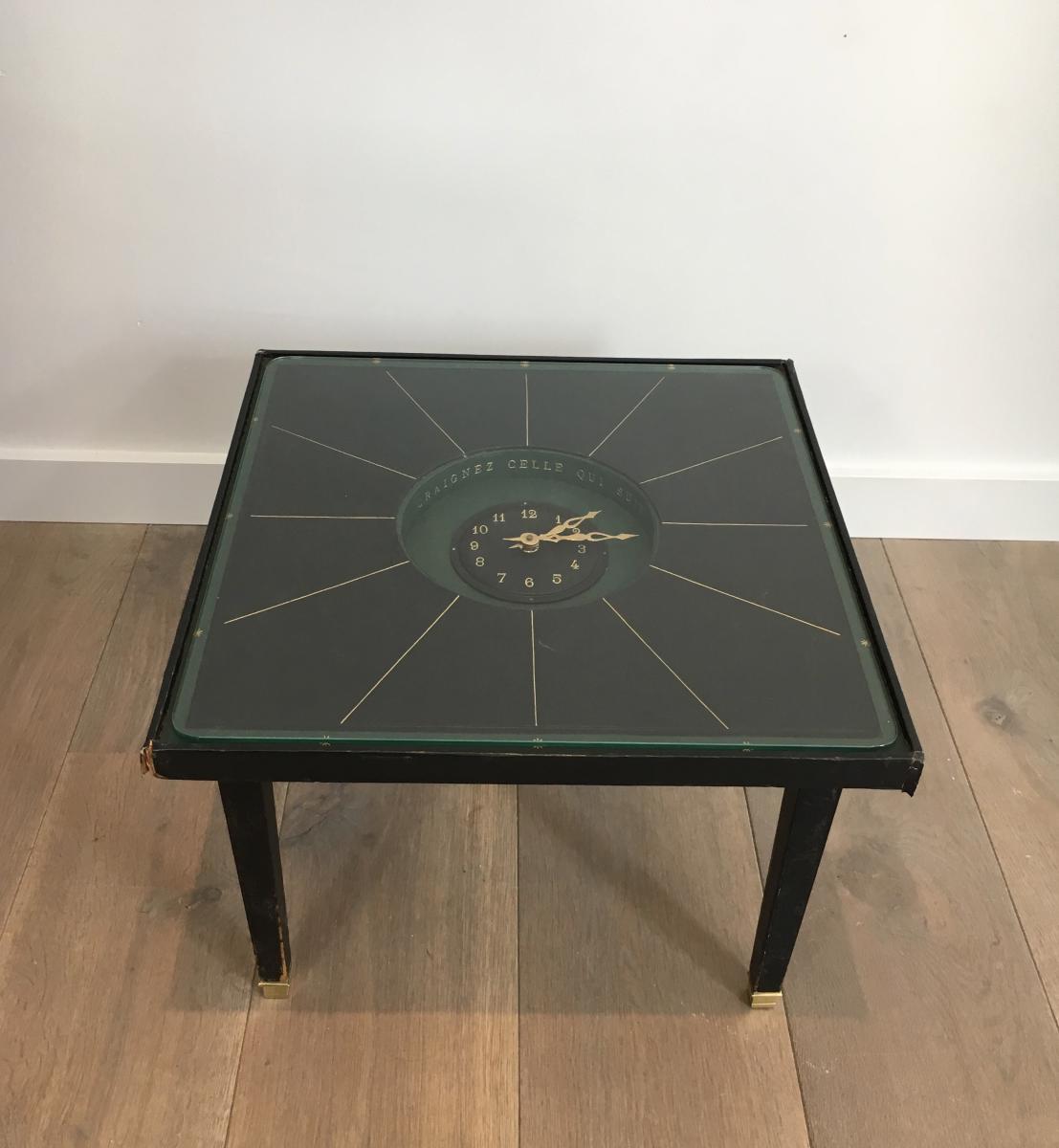 In The Style Of Jacques Adnet. Rare Black Leather And Brass Small Clock Table. French. Cir-photo-2