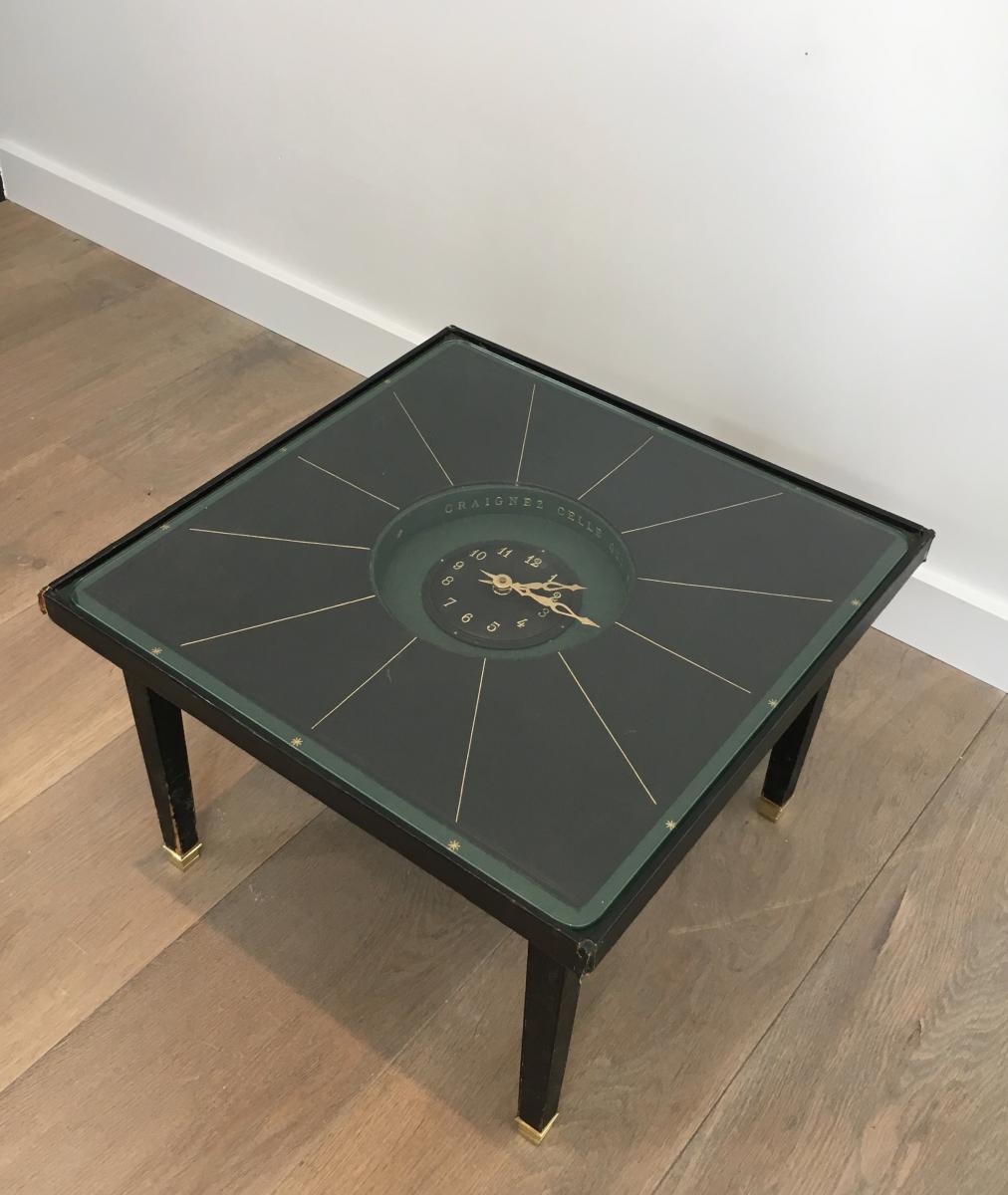 In The Style Of Jacques Adnet. Rare Black Leather And Brass Small Clock Table. French. Cir-photo-7