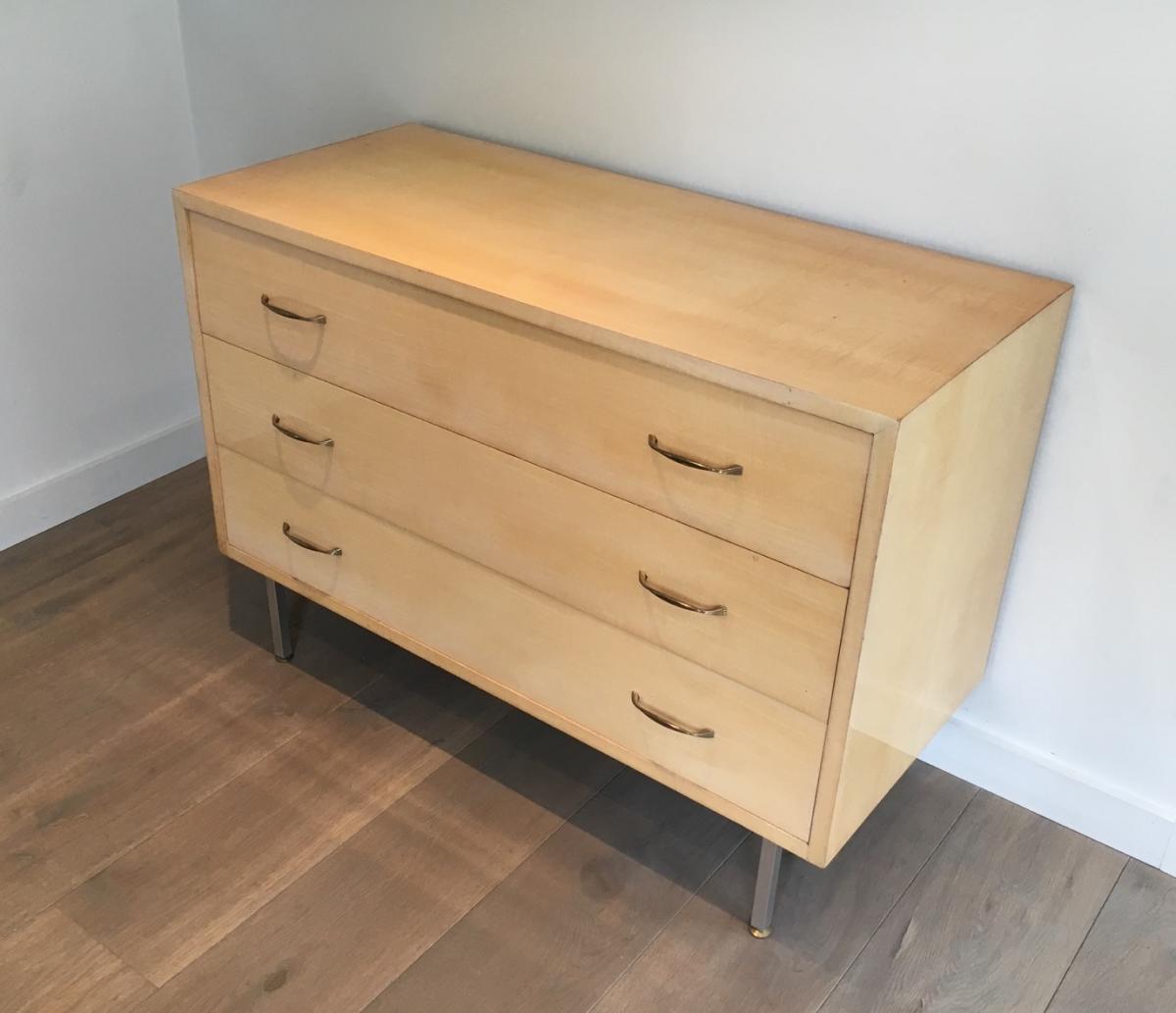 In The Style Of Knoll. Egg Shell Lacquered Commode With Brushed Steel Feet. French . Circa 1970