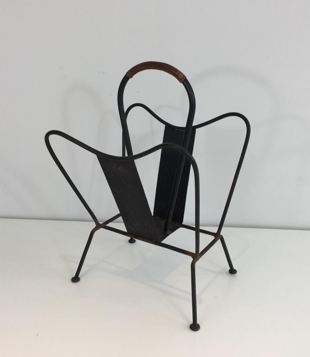  Attribué à Jacques Adnet. Porte-revues En Métal Laqué Noir Et Cuir Marron-photo-8