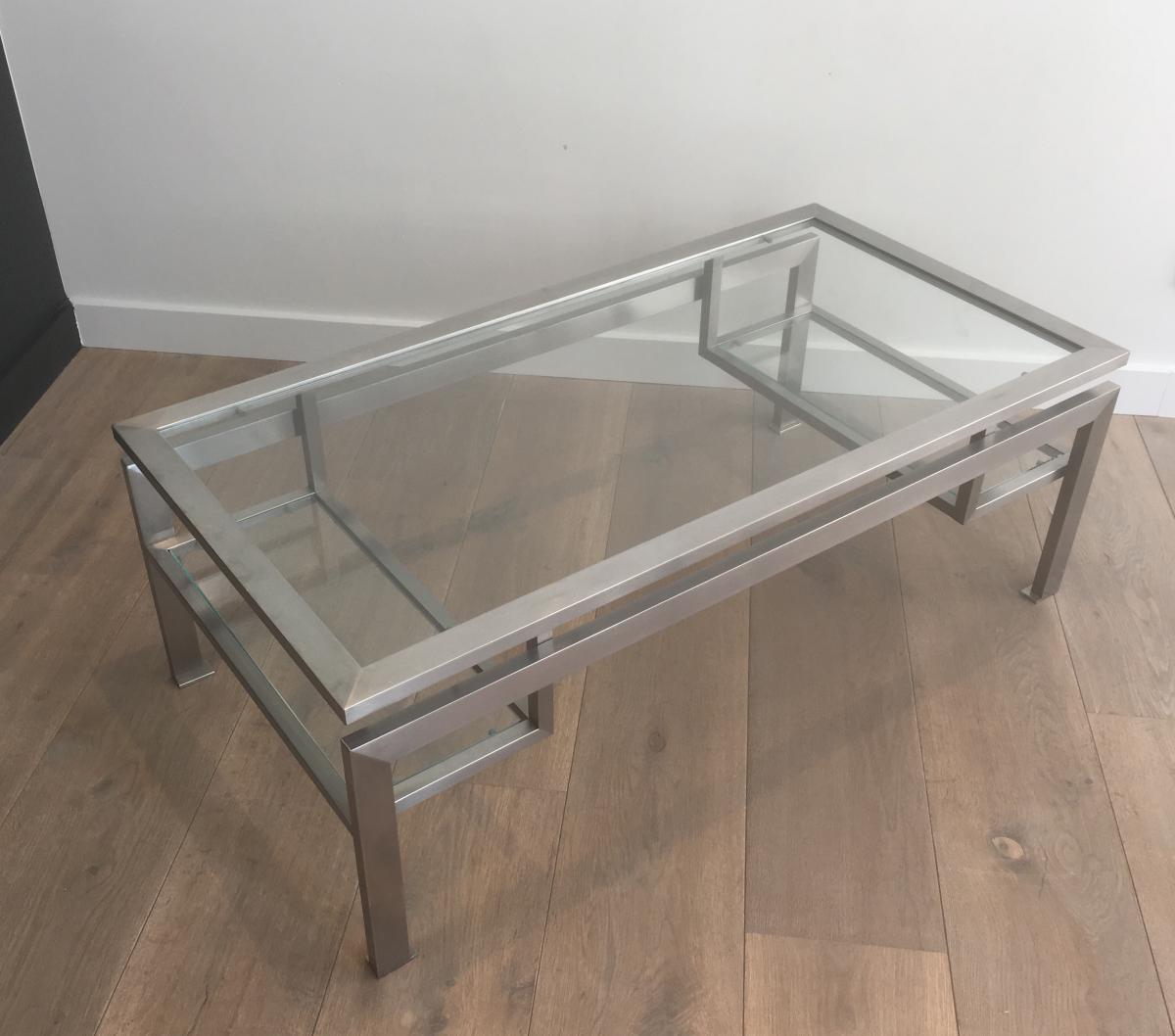 Coffee Table Brushed Steel And 2 Glass Shelves At The Bottom.