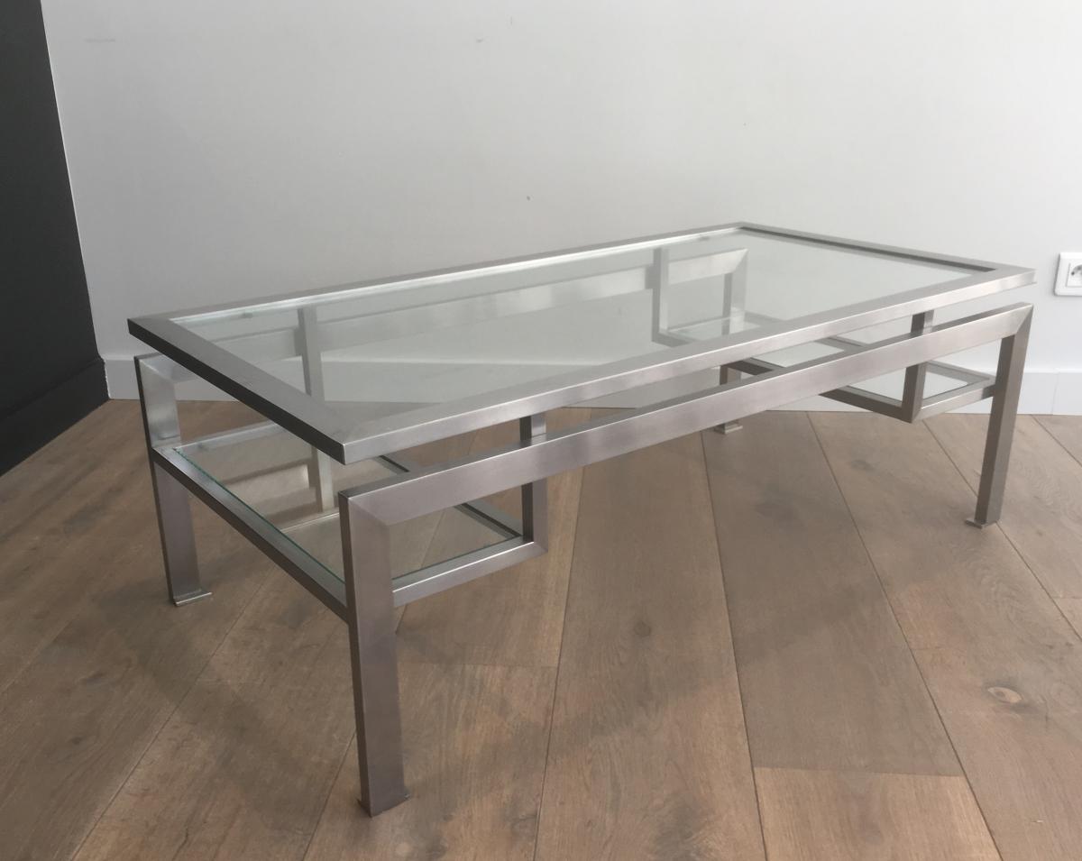 Coffee Table Brushed Steel And 2 Glass Shelves At The Bottom.-photo-2