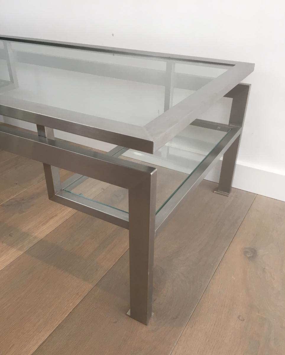 Coffee Table Brushed Steel And 2 Glass Shelves At The Bottom.-photo-3