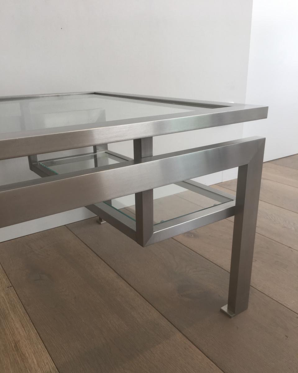 Coffee Table Brushed Steel And 2 Glass Shelves At The Bottom.-photo-4