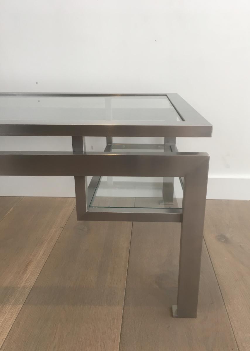 Coffee Table Brushed Steel And 2 Glass Shelves At The Bottom.-photo-5