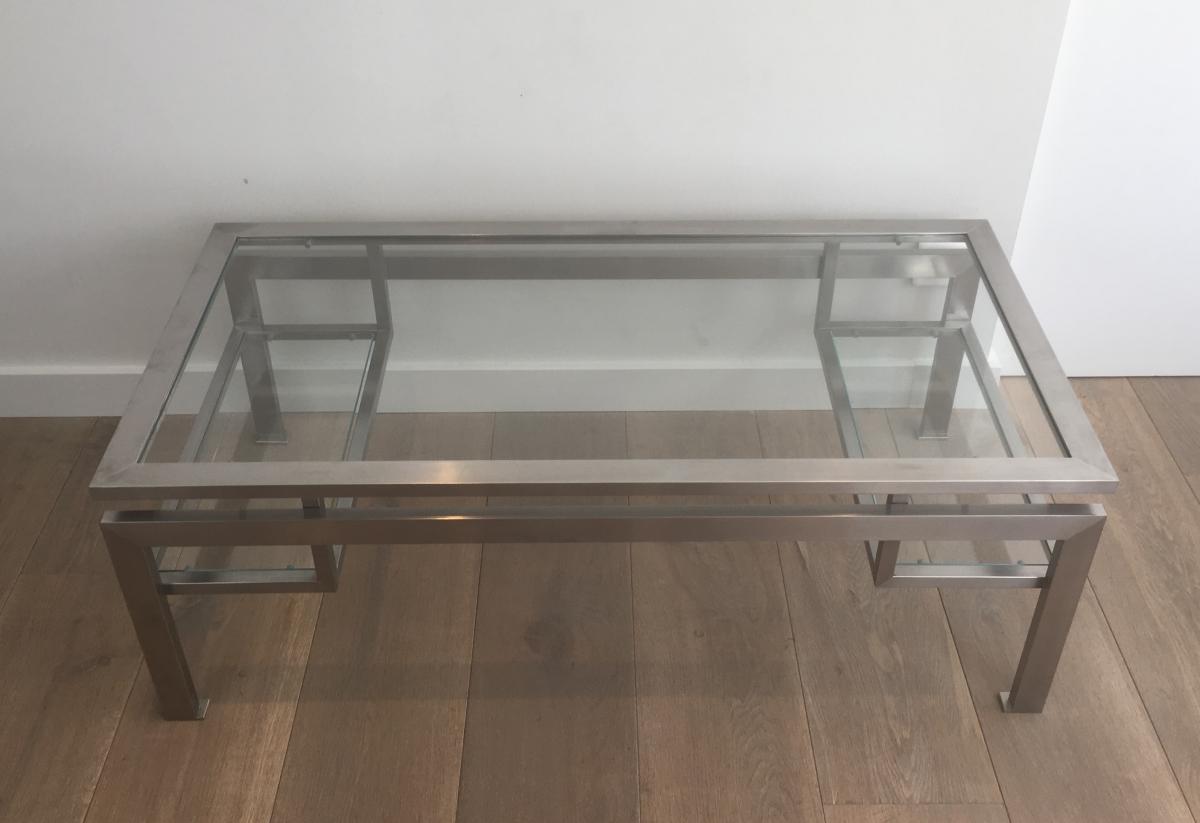 Coffee Table Brushed Steel And 2 Glass Shelves At The Bottom.-photo-7
