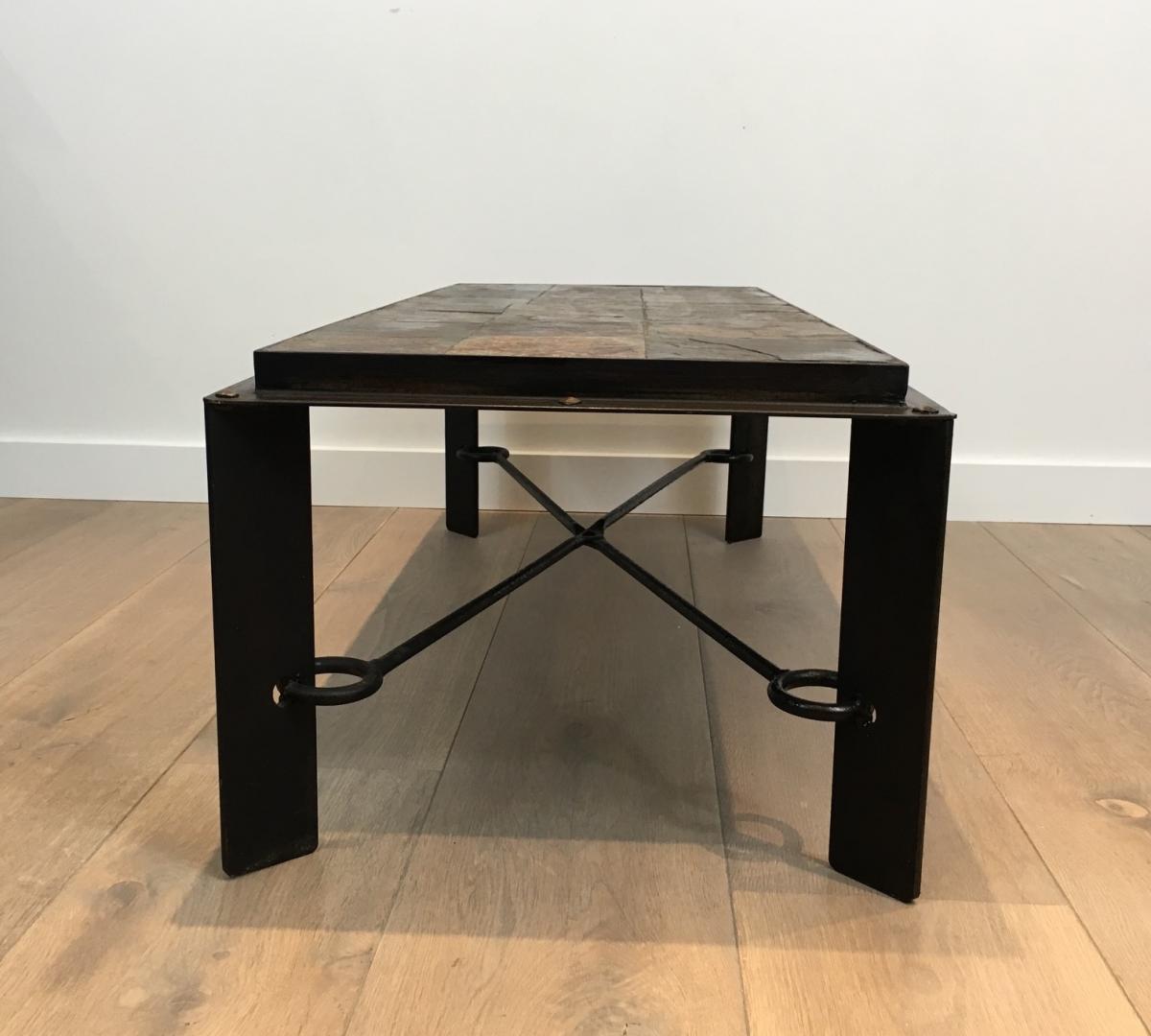 Rare Steel And Iron Coffee Table With Lava Stone Top. Circa 1940 -photo-2