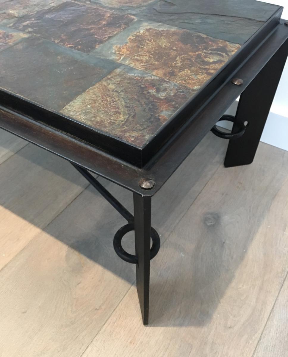 Rare Steel And Iron Coffee Table With Lava Stone Top. Circa 1940 -photo-4