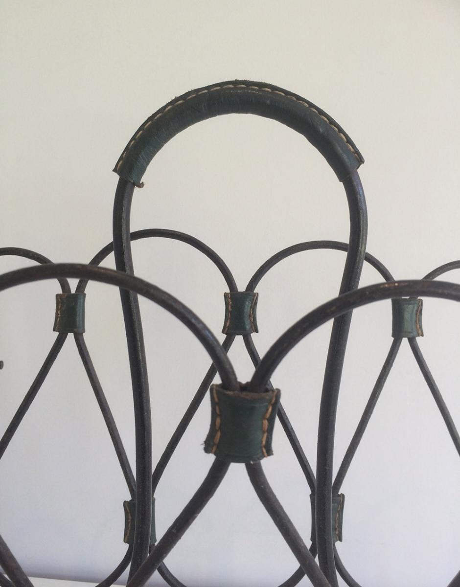 Leather And Metal Lacquered Magazine Rack. Around 1950-photo-3
