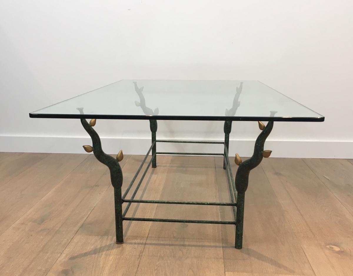 This Unusual Coffee Table Is Made Of Wrought Iron Black Lacquered And Gold Tree Branches With A Glass Top. This Is A French Work, In The Style Of Willy Daro, Circa 1970-photo-4