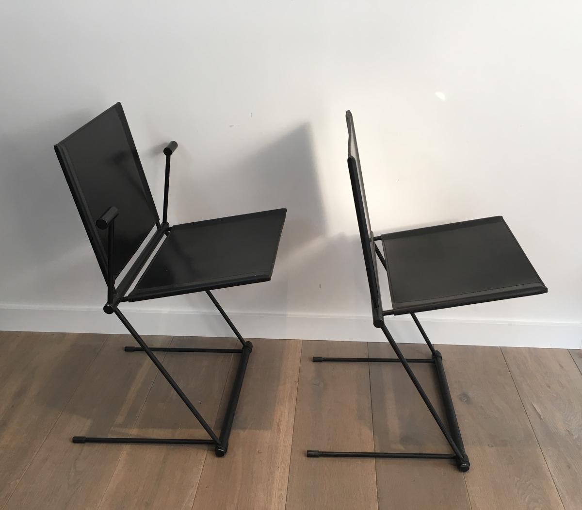 Suite Of 4 Chairs And 2 Chairs In Black Lacquered Metal And Leather.-photo-3