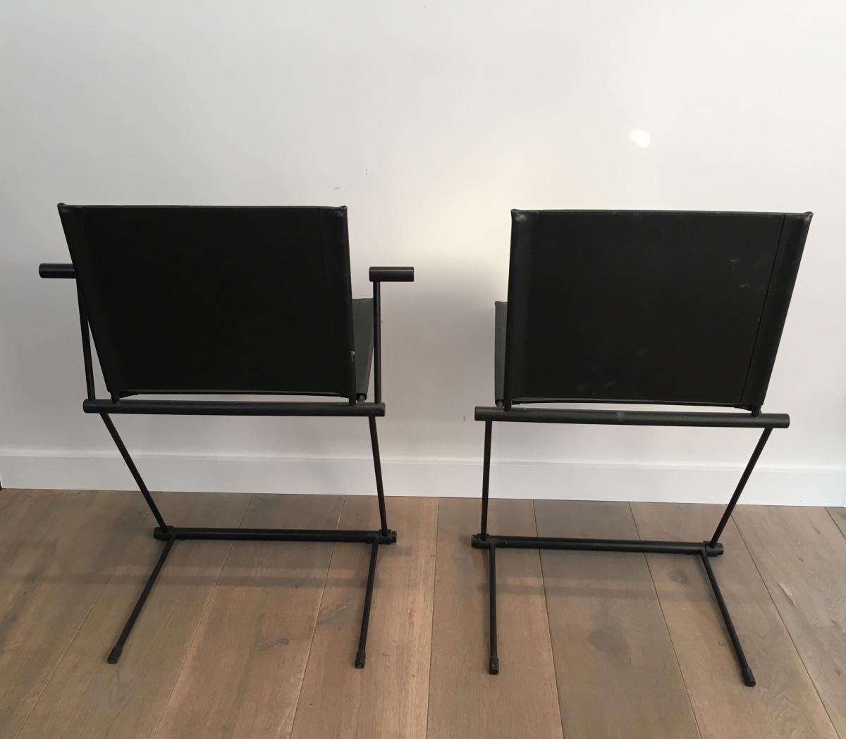 Suite Of 4 Chairs And 2 Chairs In Black Lacquered Metal And Leather.-photo-1