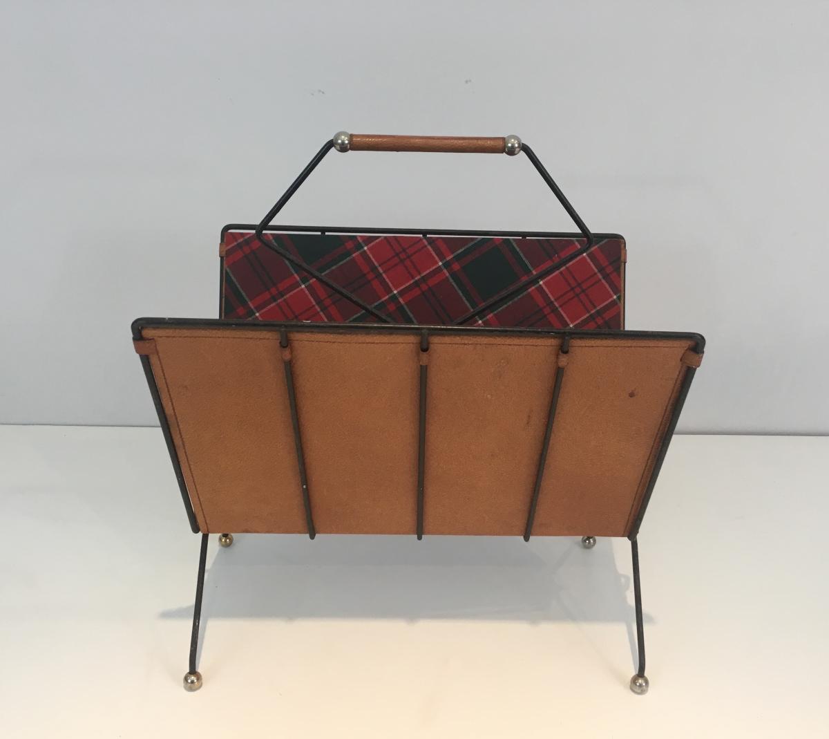 Rare Magazine Rack In Black Lacquered Metal, Leather And Fabric Burberry Way.-photo-2