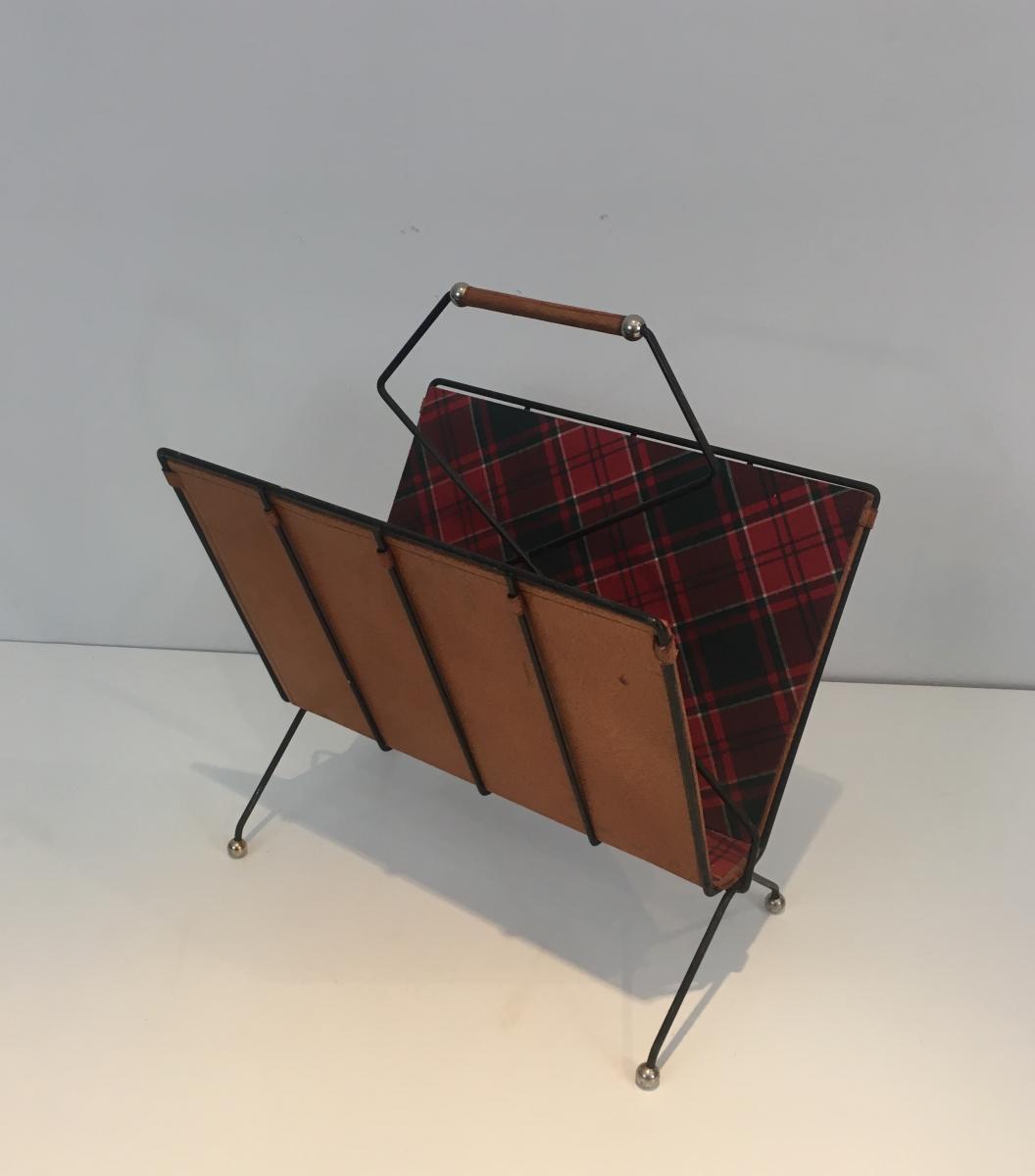Rare Magazine Rack In Black Lacquered Metal, Leather And Fabric Burberry Way.-photo-3