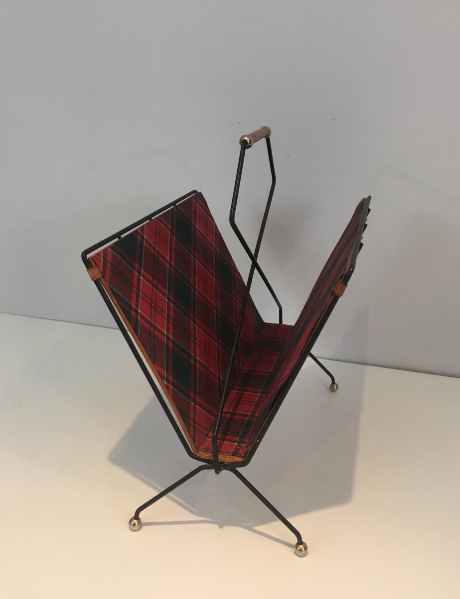 Rare Magazine Rack In Black Lacquered Metal, Leather And Fabric Burberry Way.-photo-3